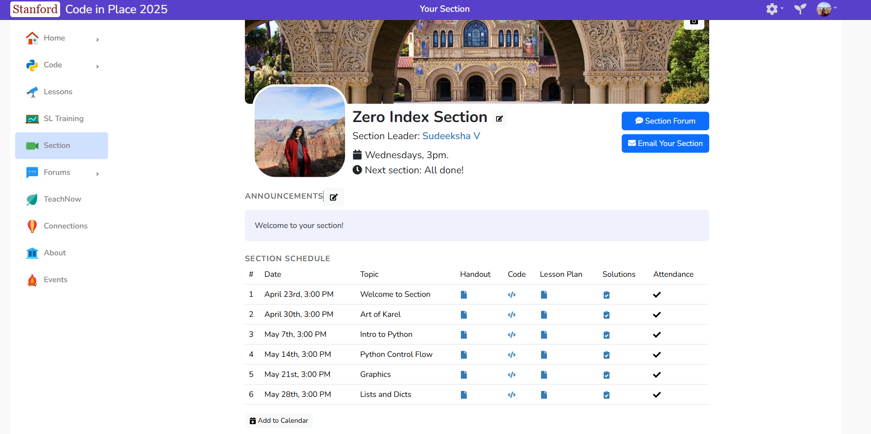 Section home page for Code in Place